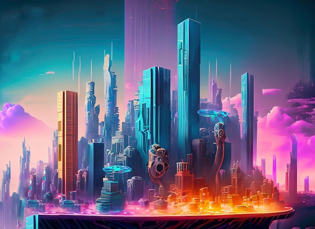 Город будущего 3D-сцена Футуристический городской пейзаж креативная концептуальная иллюстрация с фантастическими небоскребами, башнями, высокими зданиями, летательными аппаратами, научно-фантастическим мегаполисом, панорамой города на красочном фоне