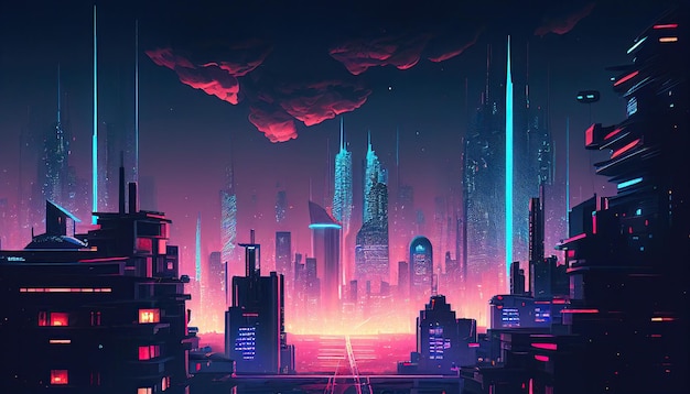 Future city downtown with skyscrapers in neon lights by Generative AI