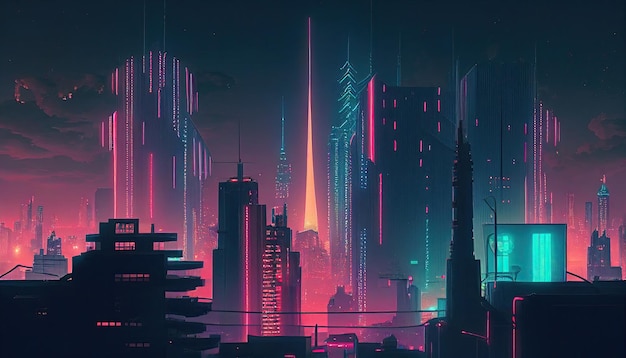 Generative AI의 네온 불빛으로 빛나는 고층 빌딩이 있는 미래 도시 시내