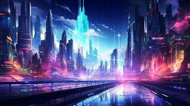 Future cityscape a neon lit nighttime fantasy