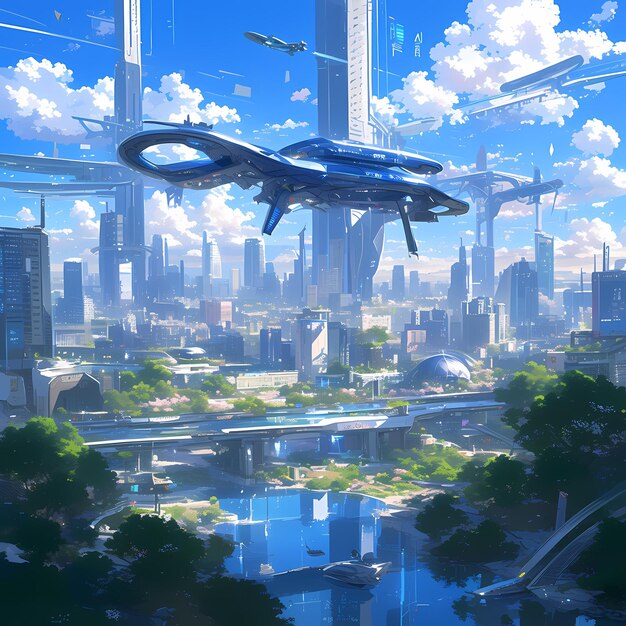 Future Cityscape with Spaceship