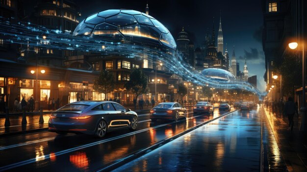 Photo future concept of urban transport and houses generated by ai