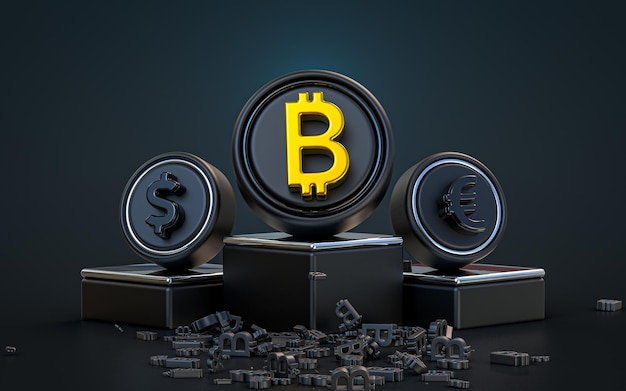 future currency 3d rendering abstract look dark realistic iconic background with a podium stage