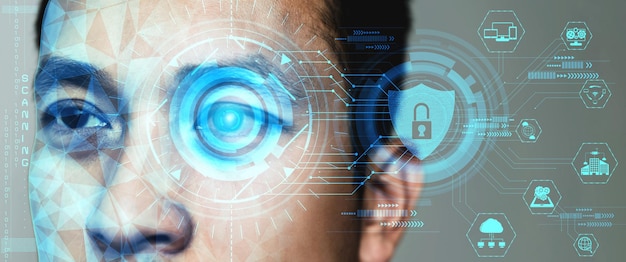 Future cyber security data protection by biometrics scanning with human eye to unlock and give access to private digital data. Futuristic technology innovation concept.