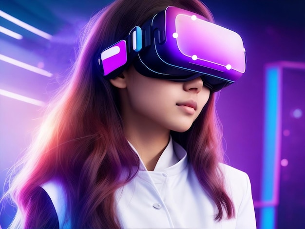 Future digital technology girl in virtual reality glasses generative ai