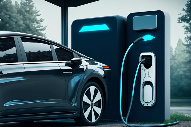 Фото Будущий электрический автомобиль заряжает аккумуляторы на зарядной станции изображение, сделанное с помощью ии