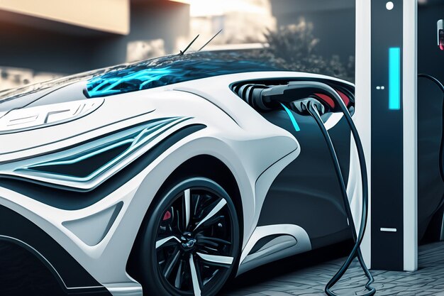 Future electric car is charging batteries at a charging station Image made from AI