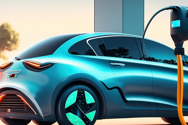 Future electric car is charging batteries at a charging station Image made from AI