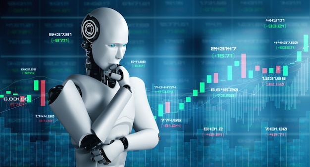 머신 러닝과 인공 지능을 활용 한 AI 로봇이 제어하는 미래 금융 기술은 비즈니스 데이터를 분석하고 투자 및 거래 결정에 대한 조언을 제공합니다. 3D 그림.