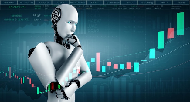 Future financial technology controlled by AI robot using machine learning and artificial intelligence to analyze business data and give advice on investment and trading decision . 3D illustration .