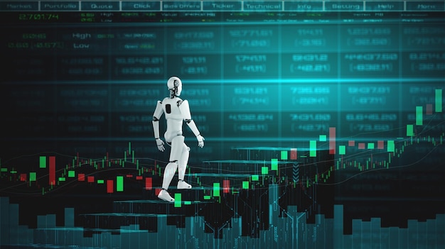 Tecnologia finanziaria del futuro controllata da robot ai che utilizza l'apprendimento automatico