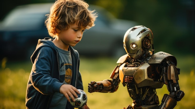 Photo future friends a boy's adventure playing with his ai friend in the park