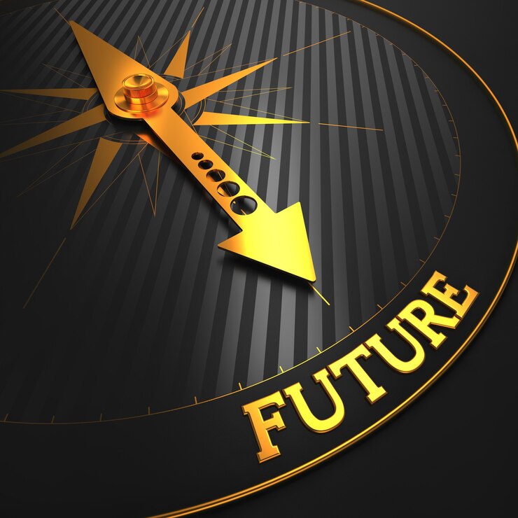 Photo future. golden compass needle on a black field pointing to the word "future". 3d render.