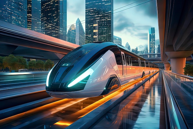 Future highspeed rail shuttles on urban railways at night AI technology generated image