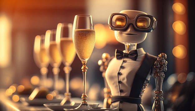 人類ロボット ウェイター ビュッフェ レストラン ワーカーの未来とスナック フードとシャンパン ジェネレーティブ AIx9