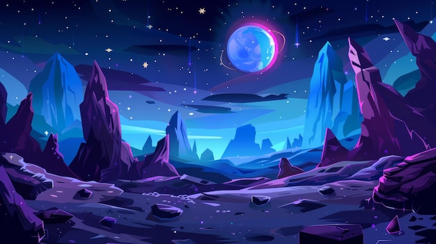 빛나는 달이나 위성, 어두운 별빛 하늘에 있는 바위 절벽 위의 미래 풍경 배경, 판타지 산, 책이나 컴퓨터 게임 장면, 만화, 현대 일러스트레이션
