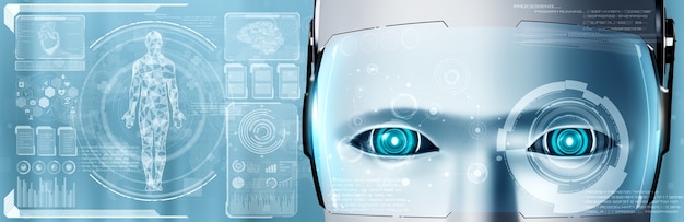 Фото Медицинские технологии будущего, контролируемые роботом искусственного интеллекта, с использованием машинного обучения и искусственного интеллекта для анализа здоровья людей и предоставления рекомендаций по выбору лечения. 3d иллюстрации.