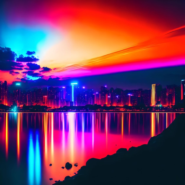 Future modern city with neon light generative art by ai