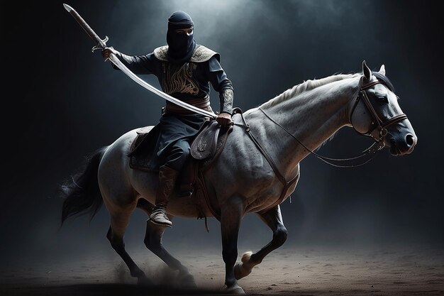 Photo future muslim fighter in world war 3 the warrior with horse and sword dark effect