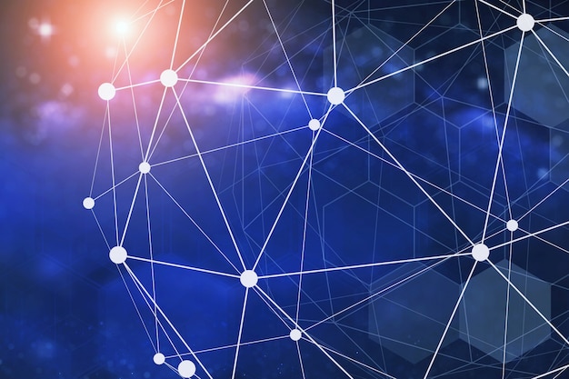 将来のネットワーク接続技術の概念の背景。青い背景の線とドット技術のシンボル。