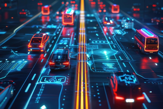 Photo future road technology with data transfer for traffic analytics