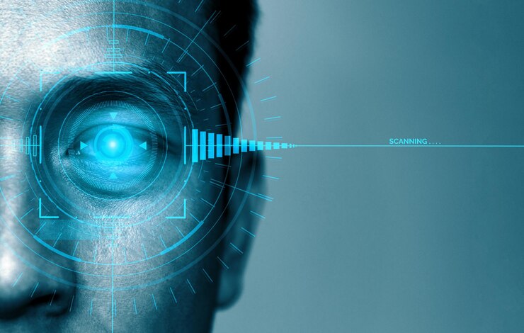 Photo future security data by biometrics eye scanning uds