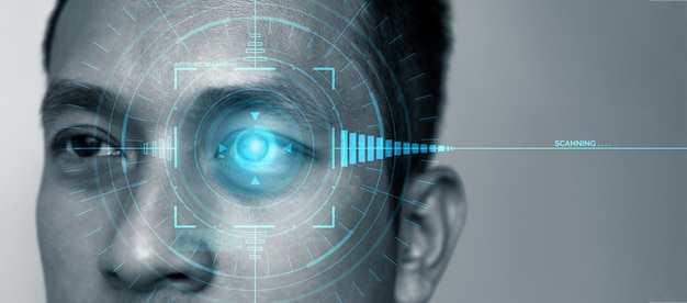 Photo future security data by biometrics eye scanning.