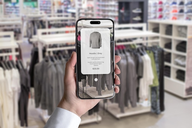 Future of shopping concept in clothes shop with an intelligent app Explore garment features