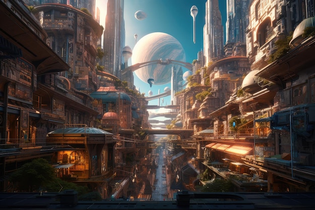 A future space city with towering buildings bustling markets and futuristic technology