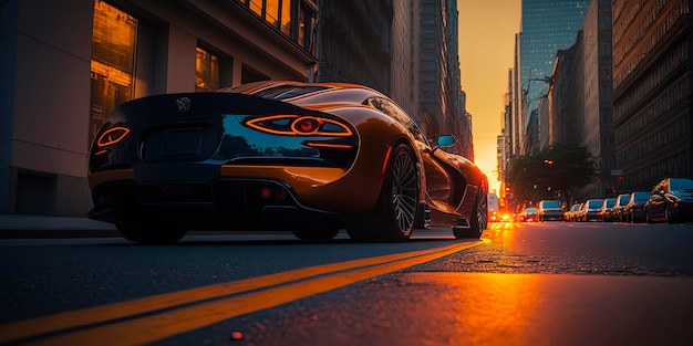 Future Sportscar maakt een wilde achtervolging New York City 42nd Street met zonsondergang op de achtergrond AIGenerated