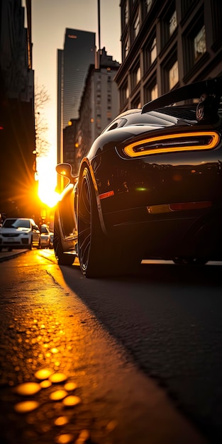 A Future Sportscar makes a wild chase New york City 42nd street sunset