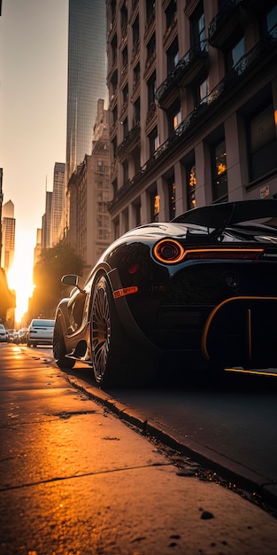 Future Sportscar makes a wild chase New york City 42nd street with sunset in the background AIGenerated