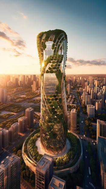 Будущее устойчивой архитектуры Экологичный небоскреб с видом на оживленный город на закате Генеративный ИИ