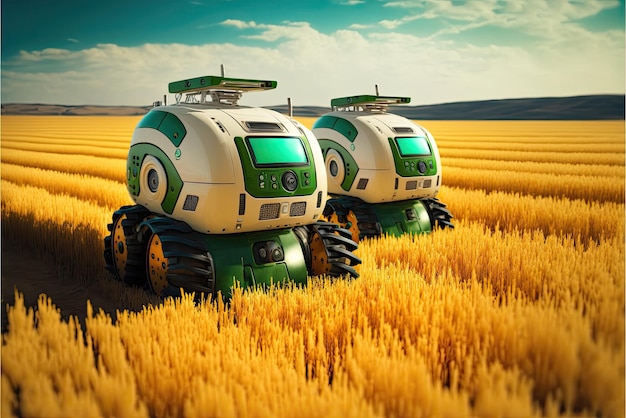 Future technology In Agriculture And Food Production Robotic Farming Technology Futuristic agriculture robot machine working in smart farm field AI generative