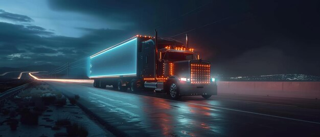 Future Technology Concept Autonomous Semi Truck with Cargo Trailer Drives at Night on the Road with Sensors Scanning Surroundings Special Effects of Self Driving Truck Digitalizing Freeways