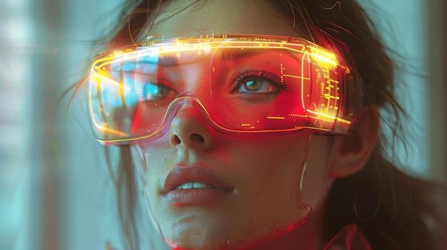 The future of technology concept shows a woman wearing virtual reality glasses