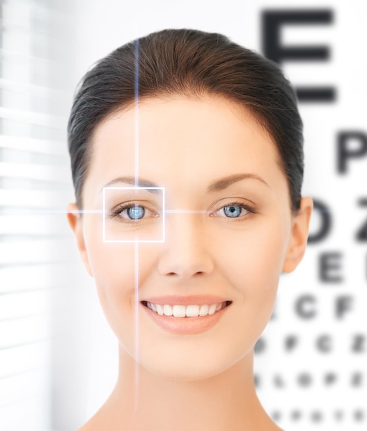 future technology, medicine and vision concept - woman and eye chart