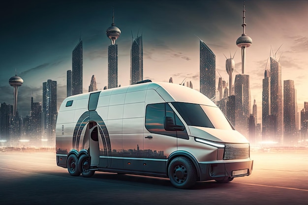 Future transport of future in form of futuristic cargo van against background of city with towers