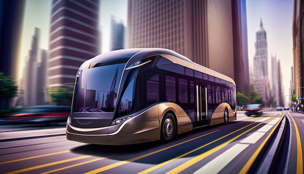 The future of transportation sleek autonomous bus glides down the city street Generative AI