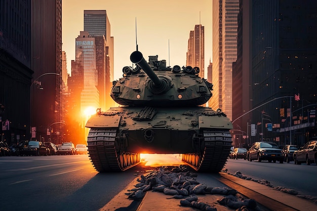 A Future war tank makes a wild chase New york City 42nd street sunset