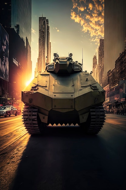 A Future war tank makes a wild chase New york City 42nd street sunset
