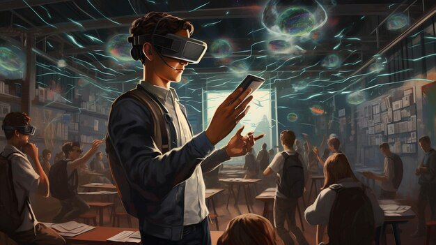 Photo in a future where education is conducted through virtual reality follow the challenges of a teacher