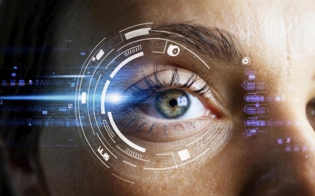 Future woman with cyber technology eye panel concept