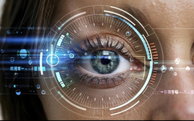 Future woman with cyber technology eye panel concept