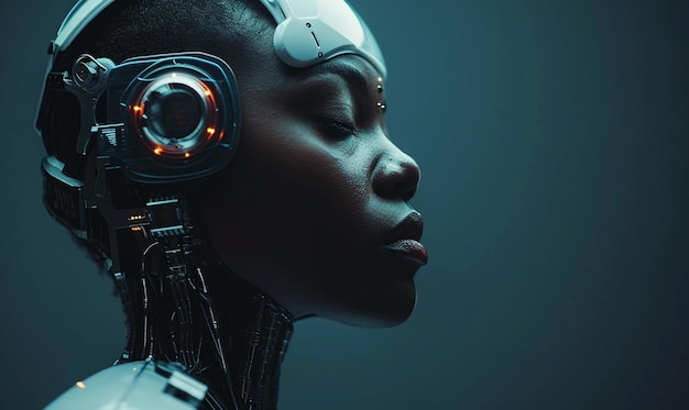Futurism African female cyborg isolated on dark background with copy space