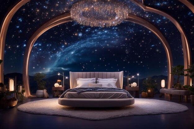 Futuristc Advanced Dreamy Badroom and sky night sky in the Background