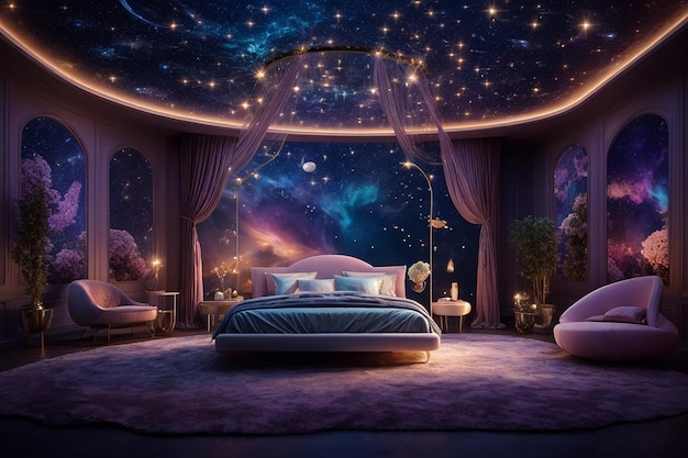 Photo futuristc advanced dreamy badroom and sky night sky in the background