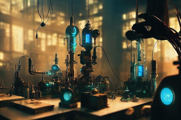 Photo futuristi scientist in laboratory with intreicate machinery and instruments factory interior