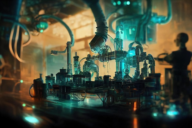 Futuristi scientist in laboratory with intreicate machinery and instruments factory interior