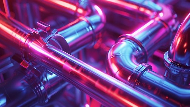 A futuristic 3D animation of a complex network of neonlit pipes with vivid pink and blue hues portraying a cyberpunk industrial environment with a hightech vibe